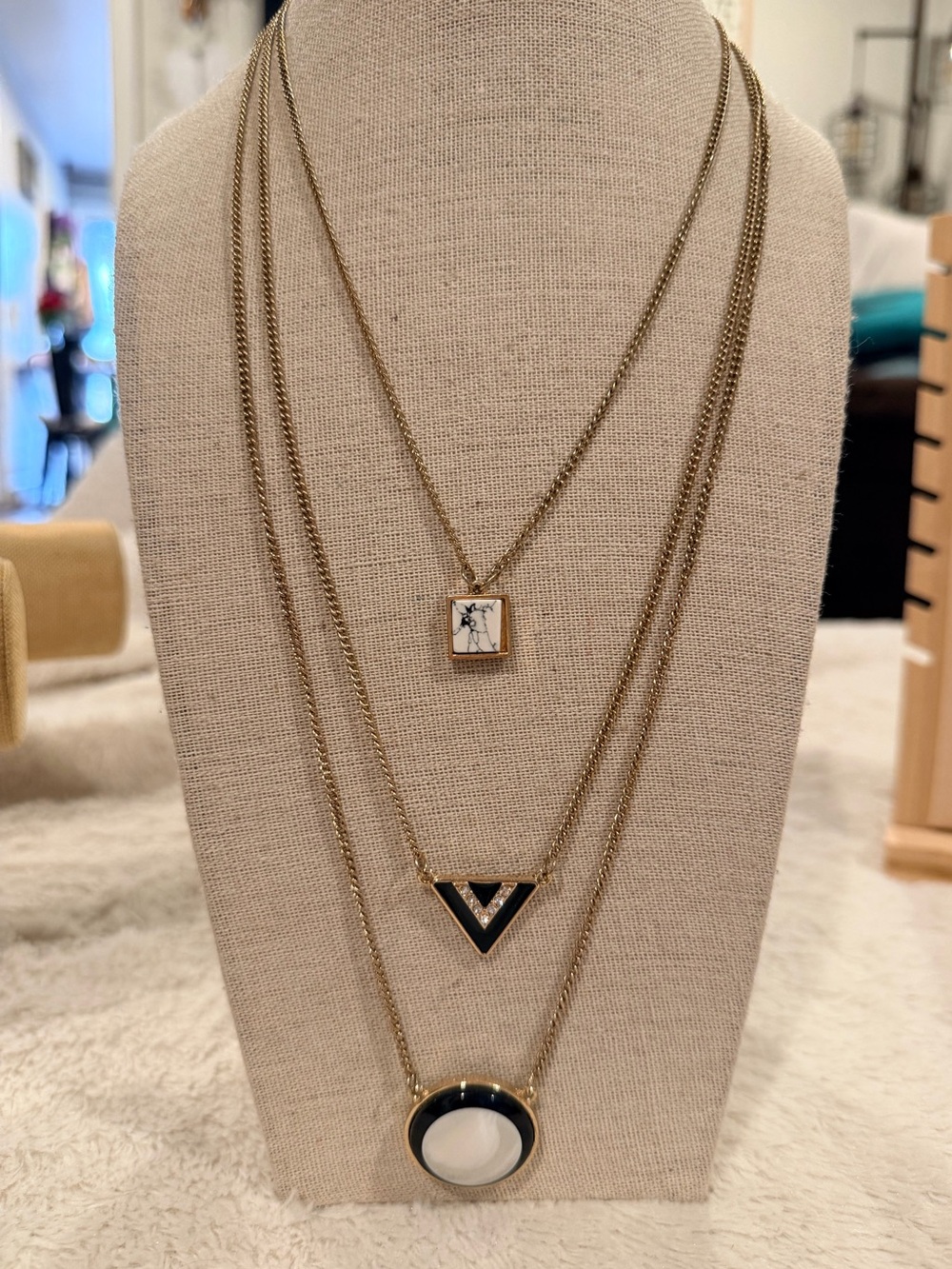 Gold Layered Pendant Necklace Set with Black and White Accents